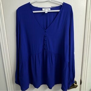 Addition Elle Women's Long Sleeve Royal Blue V-Neck Blouse-1X-NWT